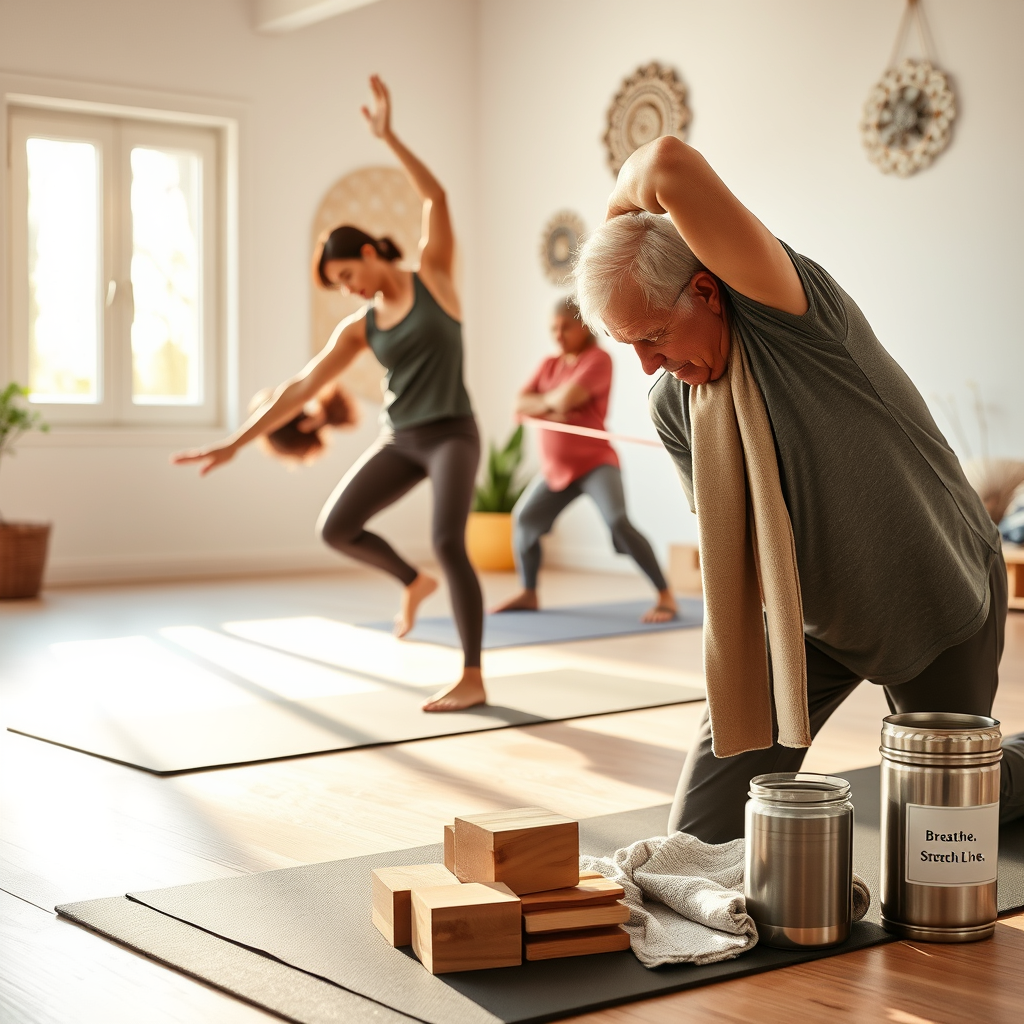 Prompt for a photo on the topic "Stretching for flexibility and health: A set of exercises":  "A calm and harmonious atmosphere in a bright yoga studio or outdoors (forest clearing/beach at dawn). In the center is a person (of different ages or several people) in comfortable sportswear doing a set of stretches. Emphasis on smooth movements:  A woman reaches for her toes in the "fold" pose, the muscles of the back and legs are relaxed,  A man in the "pigeon" pose with a deep forward bend,  An elderly man gently stretches his shoulders with an elastic band.  Foreground:  A yoga mat with a natural rubber texture,  Wooden yoga blocks, bricks and a stretching belt,  A bottle of water, a towel with a print "Breathe. Stretch. Live." and a scented candle in a metal can.  Background:  For the studio: light walls with decorative panels in the form of mandalas, a shelf with potted plants (aloe, fern),  For nature: blurred silhouettes of tr