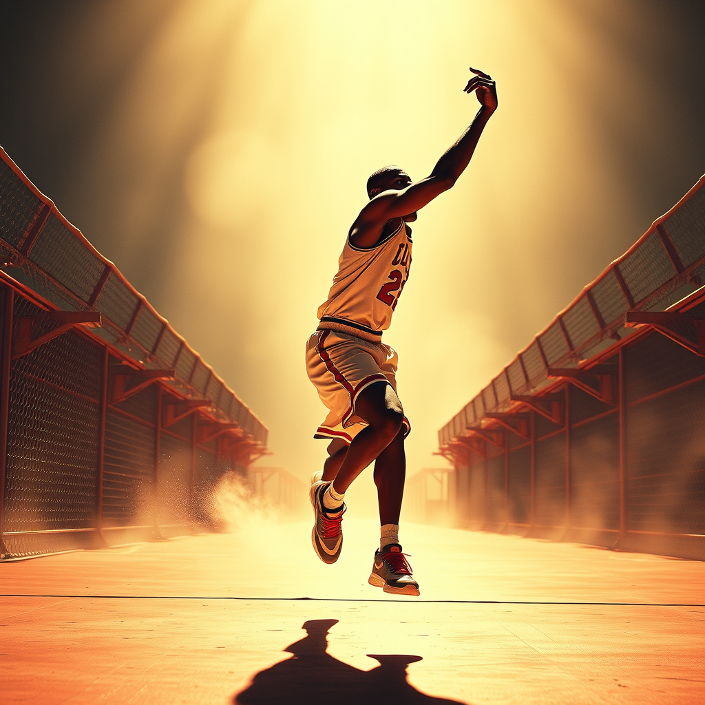 A montage of the Jordan-like figure training hard and overcoming obstacles