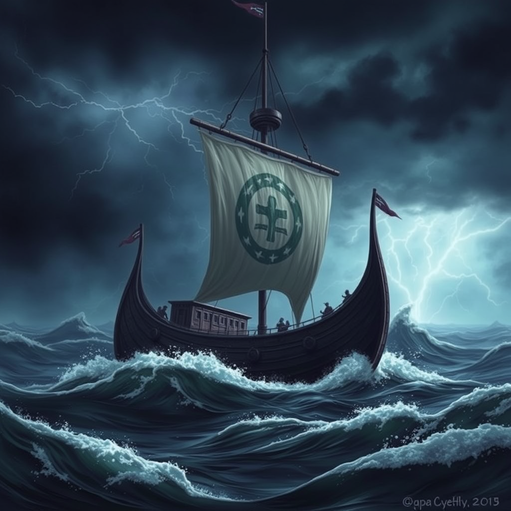 7. A Viking longship in a stormy sea, dramatic waves and lightning, dark moody palette.