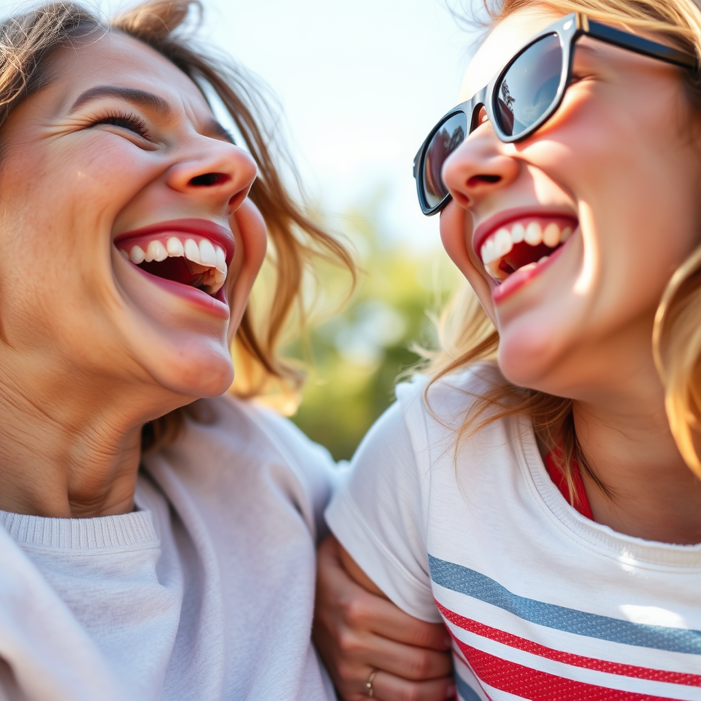 Close-ups of simple pleasures: laughter, a warm hug, a beautiful day.