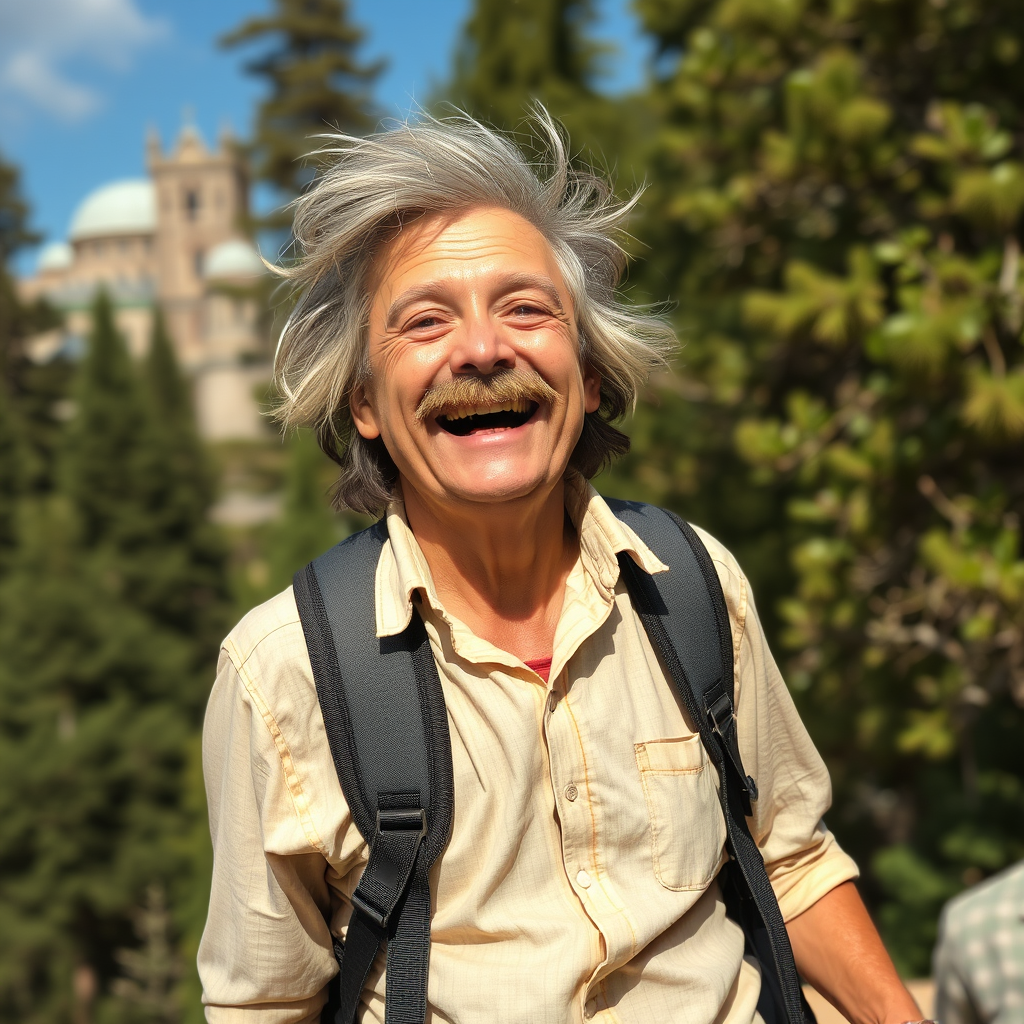 The Twain-like figure joyfully discovering new locations, smiling.