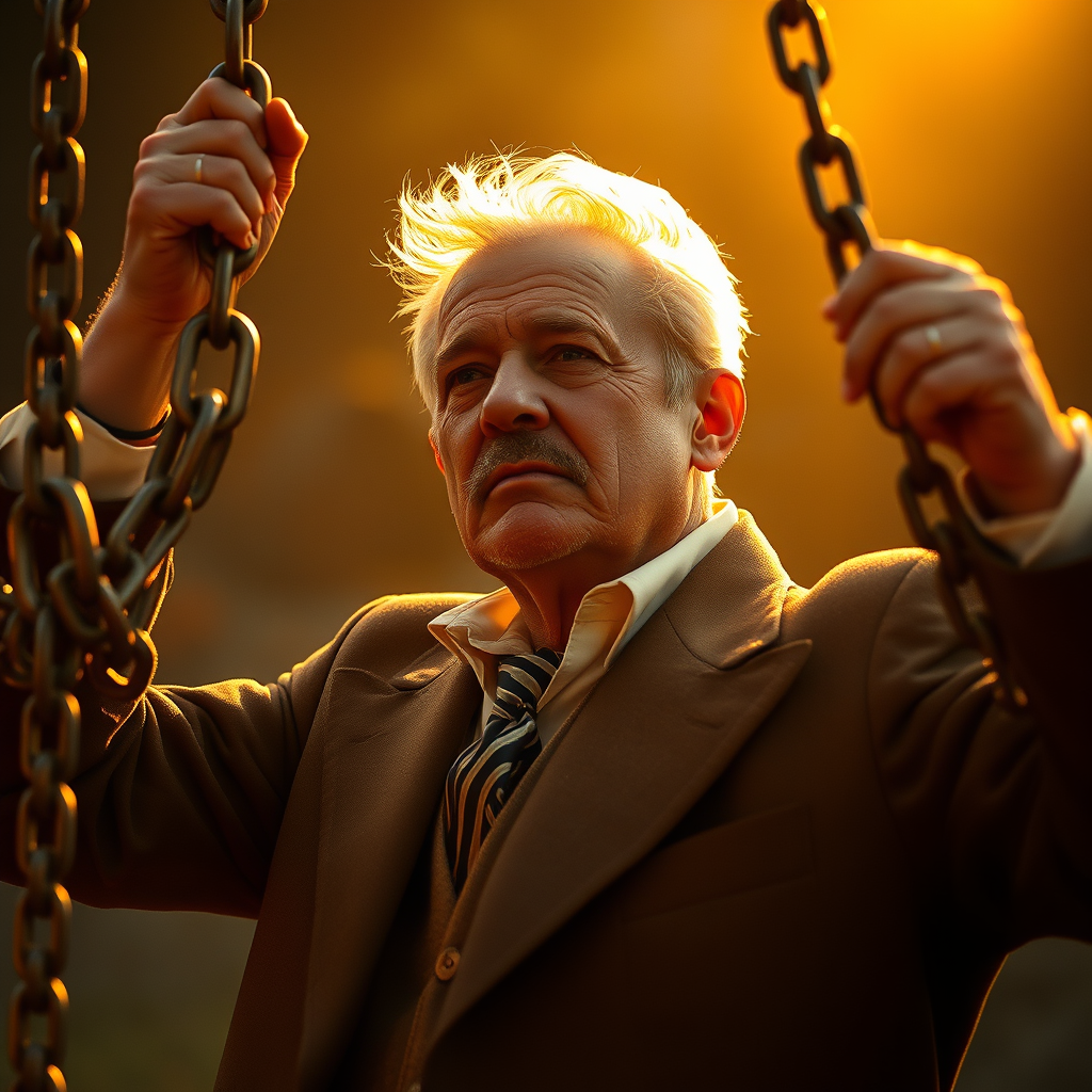 The man resembling Napoleon Hill overcoming obstacles, like breaking chains.