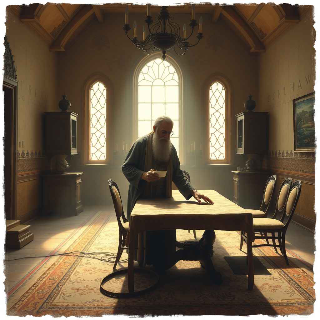 An old poet resembling Omar Khayyam the poet stands in a dusty dining hall, touching a deserted table.