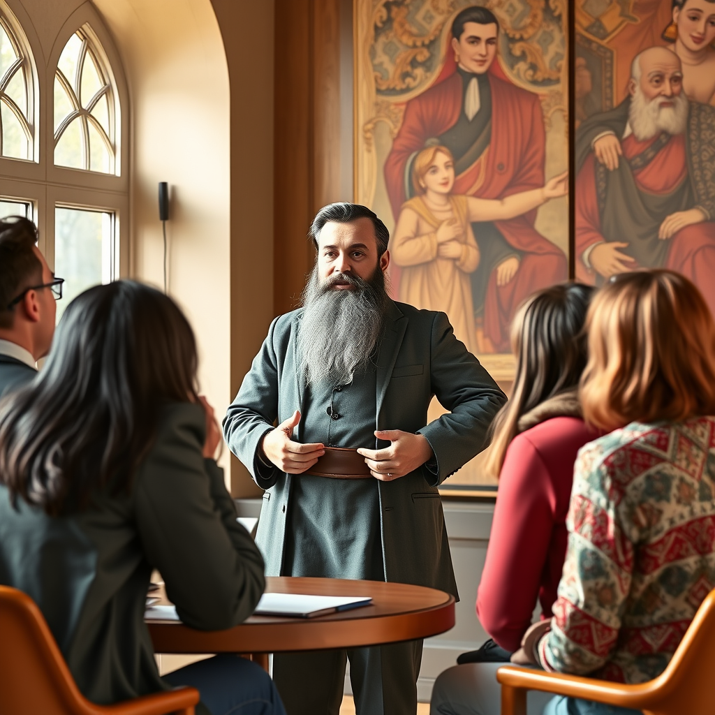 The Iskander-like figure confidently leading a discussion with a group.