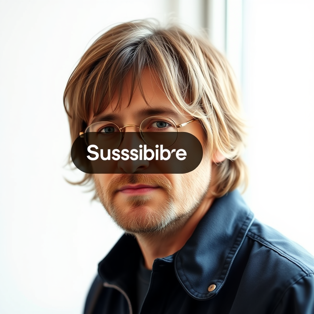 The Subscribe button is on the screen next to a man who looks like John Lennon.