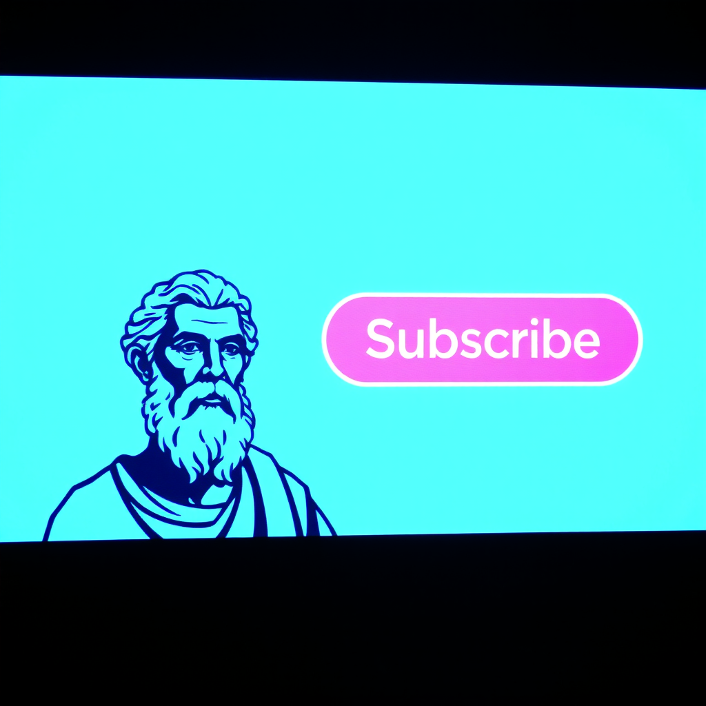 The Subscribe button is on the screen next to a man who looks like Socrates.