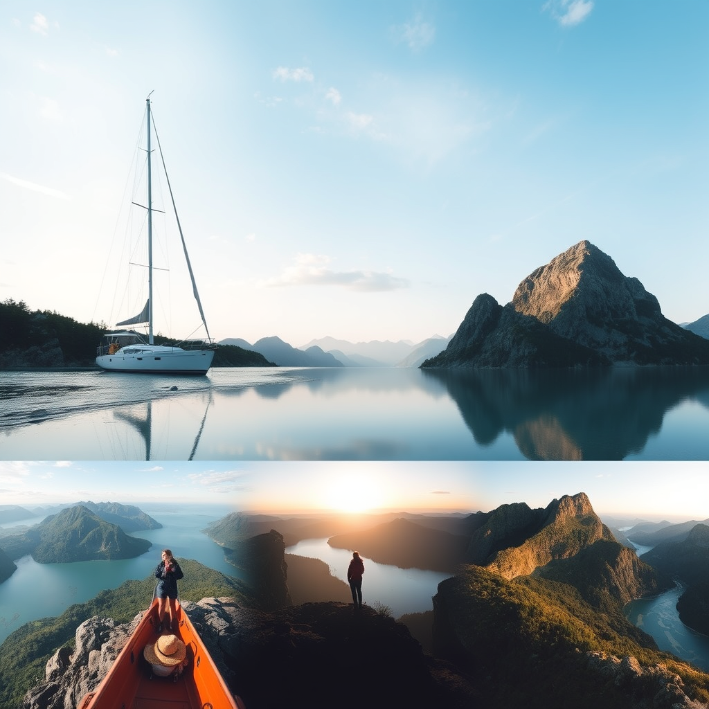 A montage of adventurous scenes: sailing, hiking, exploring new places