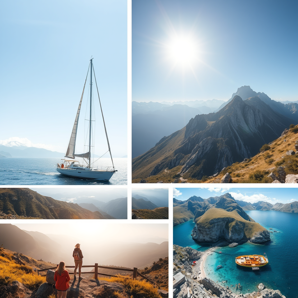A montage of adventurous scenes: sailing, hiking, exploring new places