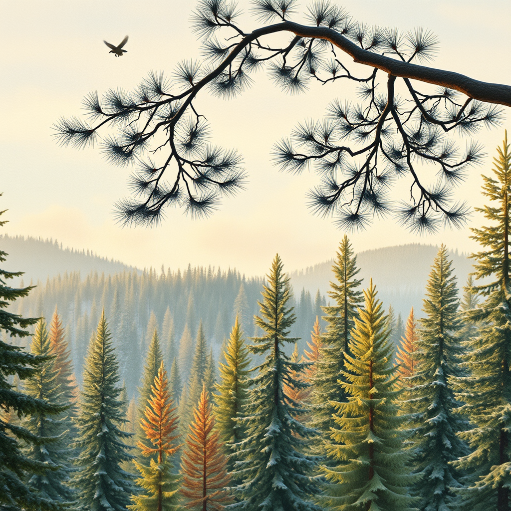 Watercolor drawing without written letters: The sprawling taiga of Russian Siberia, above the tops of spruce and pine trees with larches - a beautiful melody of taiga freedom and happiness flies and circles...