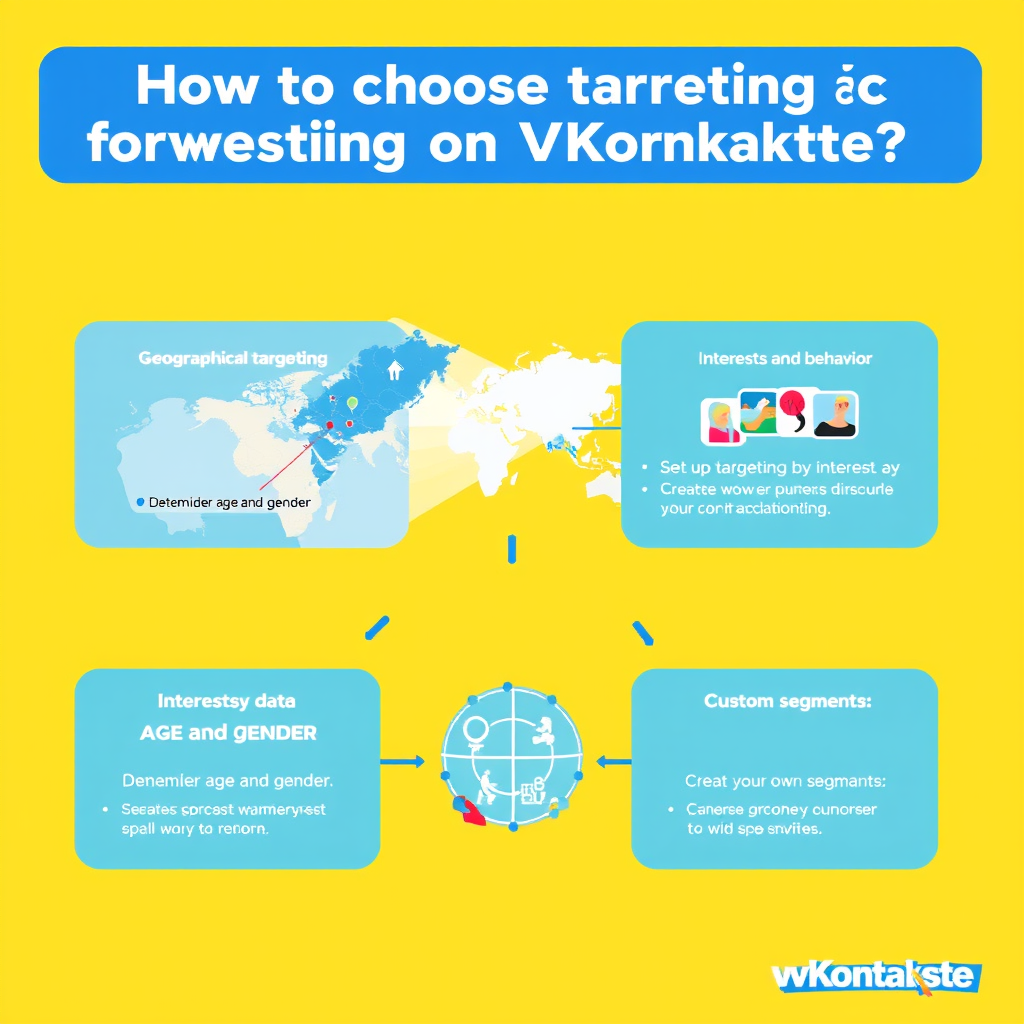 Create a bright and informative illustration on the topic "How to choose targeting for advertising on VKontakte." At the top, place the title: "How to choose targeting for advertising on VKontakte?" in a modern font. In the center of the image, highlight four sections:

Geographical targeting: a map with marked regions, the caption "Determine the location of your audience."

Demographic data: icons of age groups and gender, the text "Consider age and gender."

Interests and behavior: images related to interests (sports, art), with the caption "Set up targeting by interests."

Custom segments: a diagram symbolizing segmentation, with the text "Create your own segments."

The background should be bright, with VKontakte colors (blue and white tones). Add arrows and graphs for visualization.