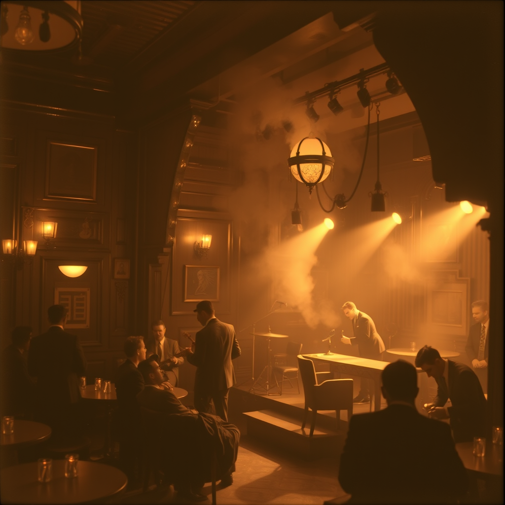 A 1920s jazz club interior, smoky atmosphere, live band on stage, sepia-toned photograph.