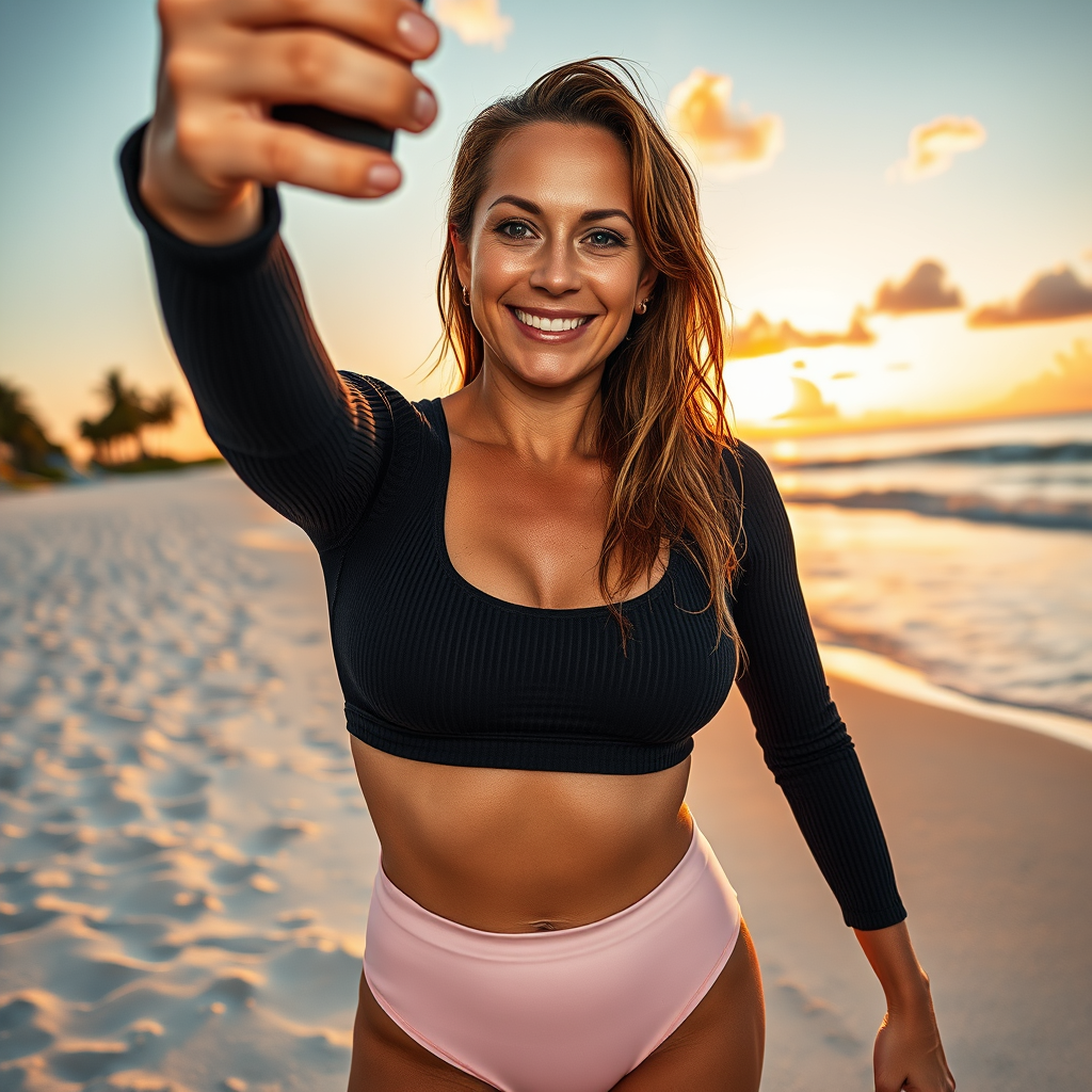 A masterpiece: a hyper-realistic, high-calibre professional photograph, a cinematic beach shot taken during the golden hour.

A dynamic selfie of an athletic adult woman standing on a tropical beach at sunset. The camera is positioned slightly above eye level, as if the woman were holding her phone at arm’s length, creating a slight high-angle shot. Vertical composition. The frame shows her face, upper body, waist, thighs and part of her legs in full.

Image: a mature woman with a toned, athletic figure, natural proportions, a flat stomach, a defined waist and strong legs. Warm, lightly tanned skin with a natural sun-kissed glow. She is wearing a form-fitting black ribbed sports crop top with long sleeves and low-rise pastel pink swimming bottoms. Long, wet, slightly wavy chestnut-coloured hair falls loosely over one shoulder and down her back.

Face and pose: her face is fully visible, with a natural, gentle smile and a relaxed, confident and friendly expression. One arm is outs
