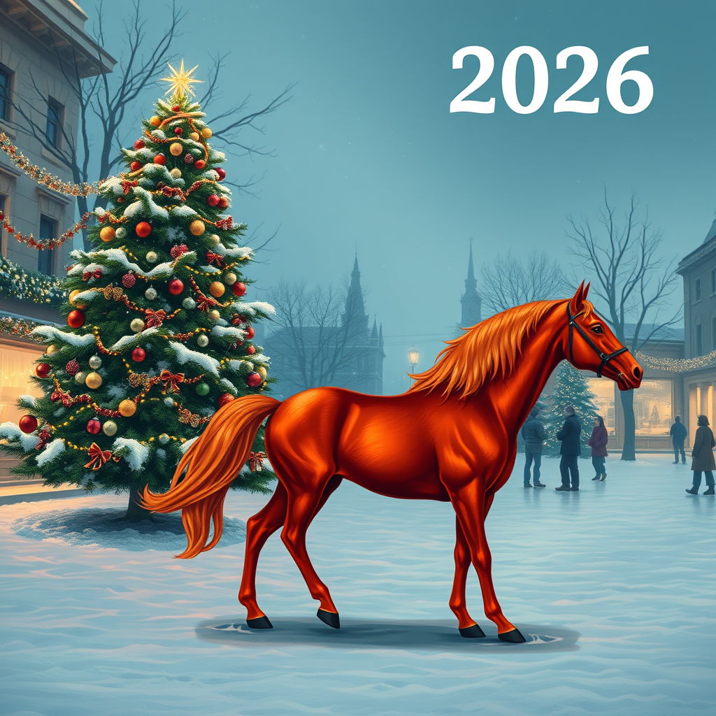 Draw a photorealistic New Year's picture with one decorated tree and garlands. The numbers 2026 are written exactly in the upper right corner. In the foreground is a fiery red horse with four legs, one head, one tail, and no bridle or saddle. Keep in mind that the action takes place in the evening on a snowy square.