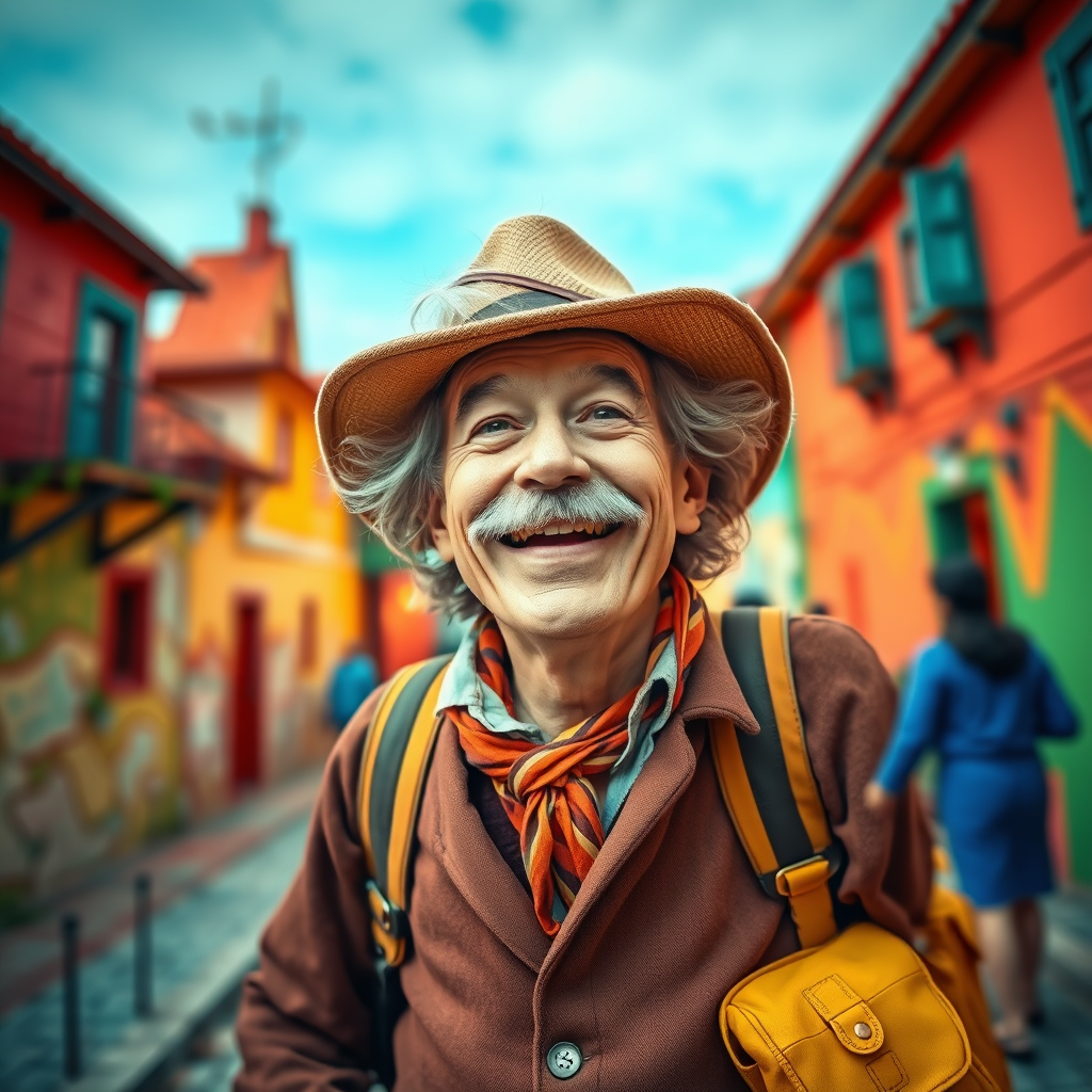 The Twain-like figure joyfully discovering new locations, smiling.