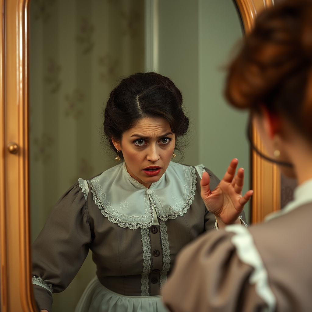 A frustrated woman resembling Florence Nightingale making excuses in a mirror.