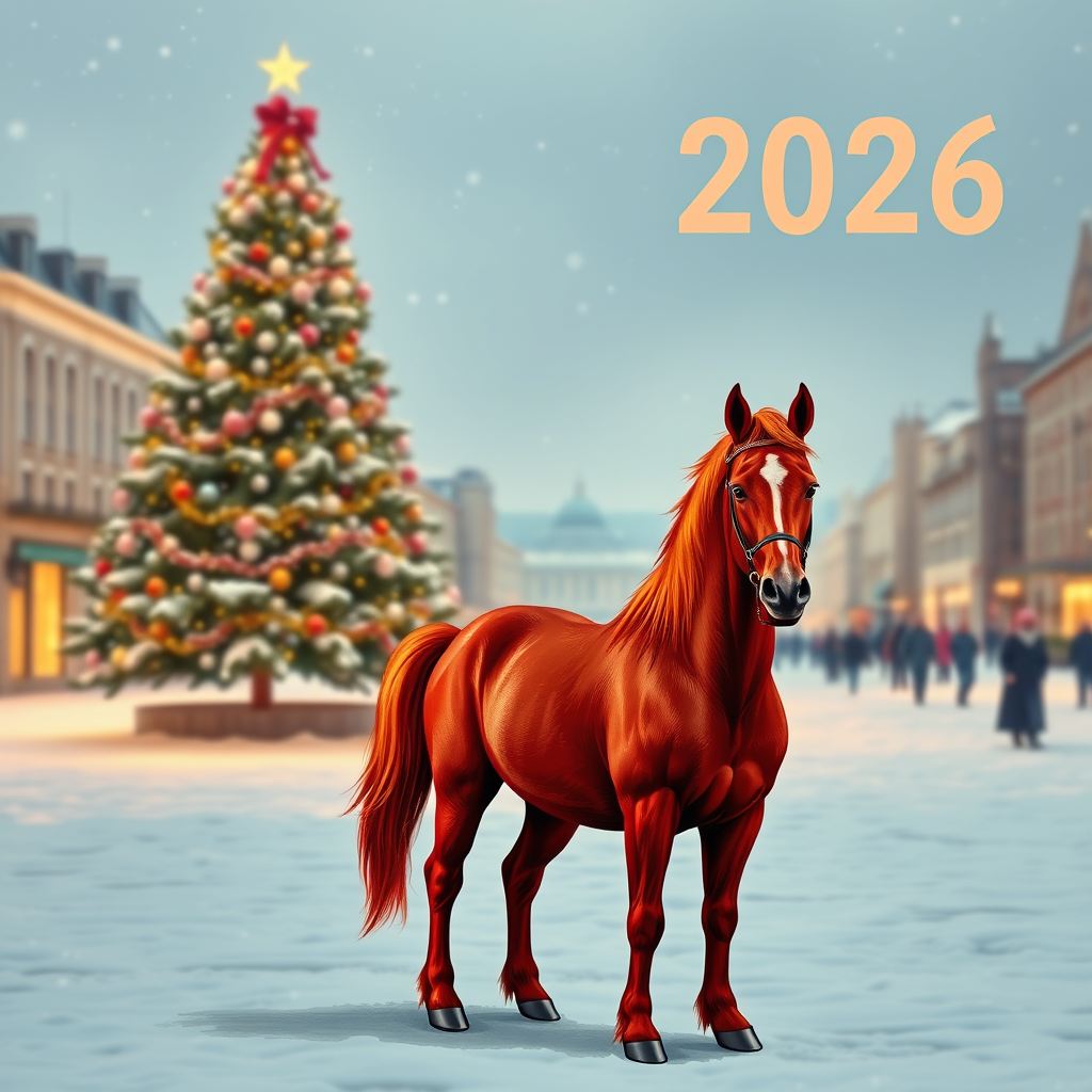 Draw a photorealistic New Year's picture with one decorated tree and garlands. The numbers 2026 are written exactly in the upper right corner. In the foreground is a fiery red horse with four legs, one head, one tail, and no bridle or saddle. Keep in mind that the action takes place in the evening on a snowy square.