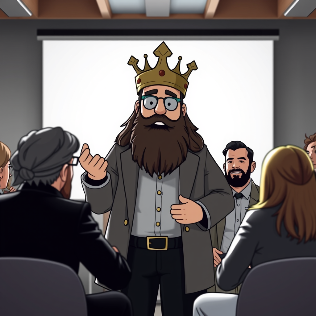 The Iskander-like figure confidently leading a discussion with a group.