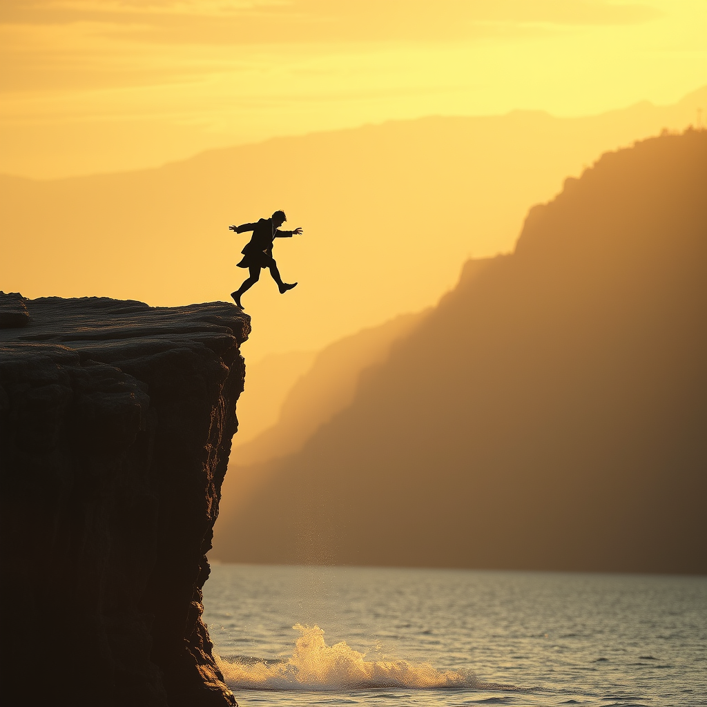 Napoleon Hill-like figure jumping off a cliff into water.