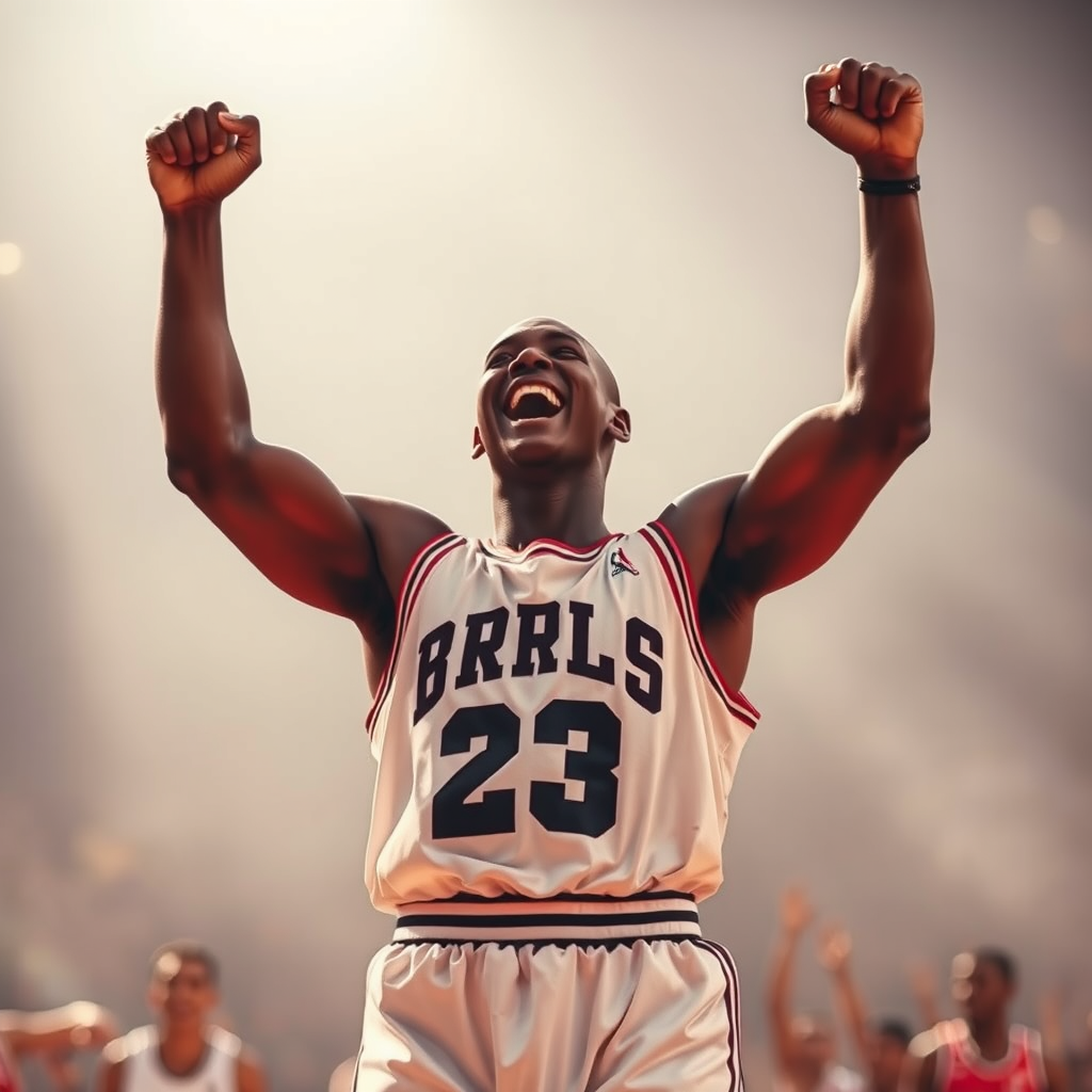 A powerful shot of the Jordan-like figure celebrating a victory after overcoming failure.