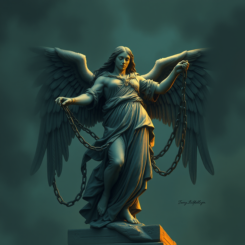 The Nightingale-like figure breaking chains to symbolize freedom.