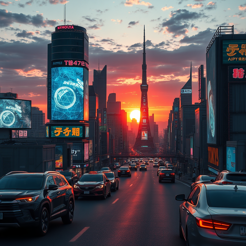 A futuristic Tokyo-style skyline at sunset, flying cars, holographic billboards, ultra detailed.