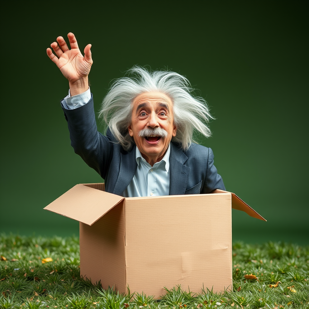 A man who looks like Albert Einstein breaks out of the box, symbolizing freedom of thought.