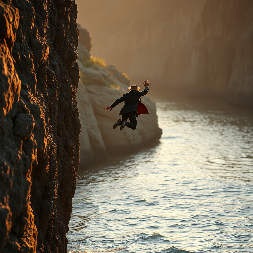 Napoleon Hill-like figure jumping off a cliff into water.