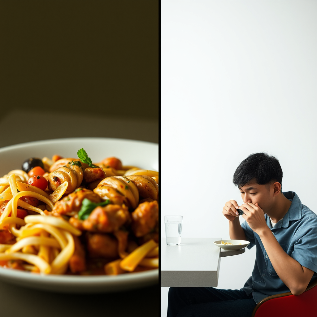A split screen showing food on one side and a person eating alone on the other.