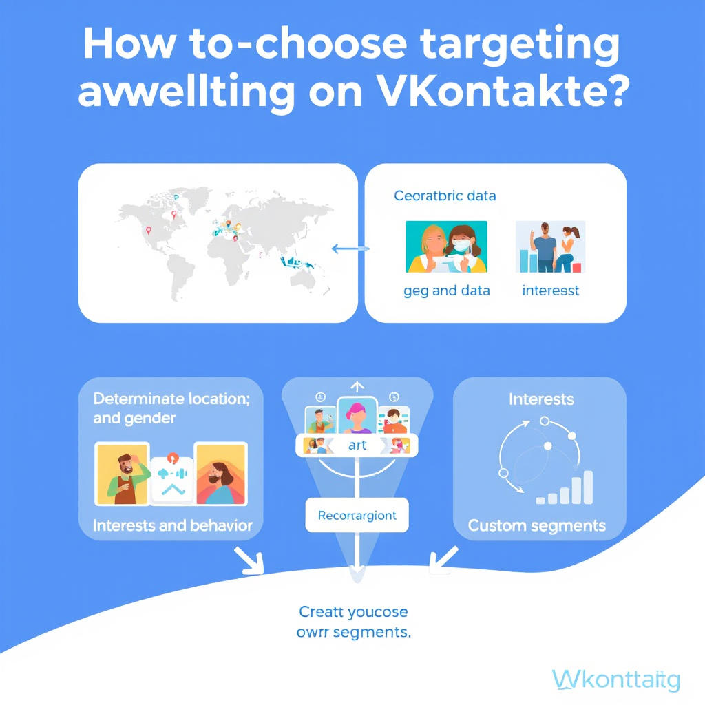 Create a bright and informative illustration on the topic "How to choose targeting for advertising on VKontakte." At the top, place the title: "How to choose targeting for advertising on VKontakte?" in a modern font. In the center of the image, highlight four sections:
Geographical targeting: a map with marked regions, the caption "Determine the location of your audience."
Demographic data: icons of age groups and gender, the text "Consider age and gender."
Interests and behavior: images related to interests (sports, art), with the caption "Set up targeting by interests."
Custom segments: a diagram symbolizing segmentation, with the text "Create your own segments."
The background should be bright, with VKontakte colors (blue and white tones). Add arrows and graphs for visualization.