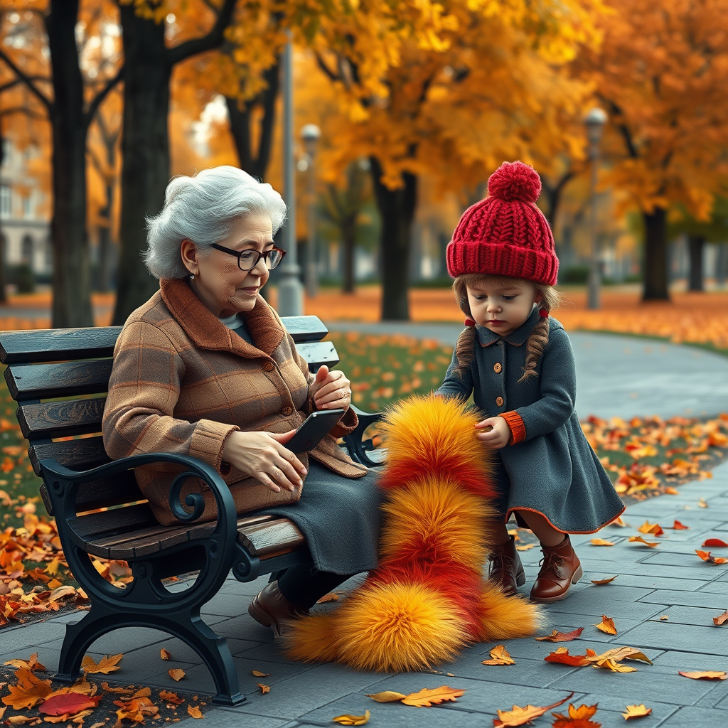 Autumn, a city park, a bench. An elderly grandmother with glasses sits on it, and nearby, her granddaughter, wearing pigtails and a knitted red hat, plays with yellow and red fox fur that has fallen from the trees. Autumn, a city park, a bench. An elderly grandmother with glasses sits on it, and nearby, her granddaughter, wearing pigtails and a knitted red hat, plays with yellow and red fox fur that has fallen from the trees.