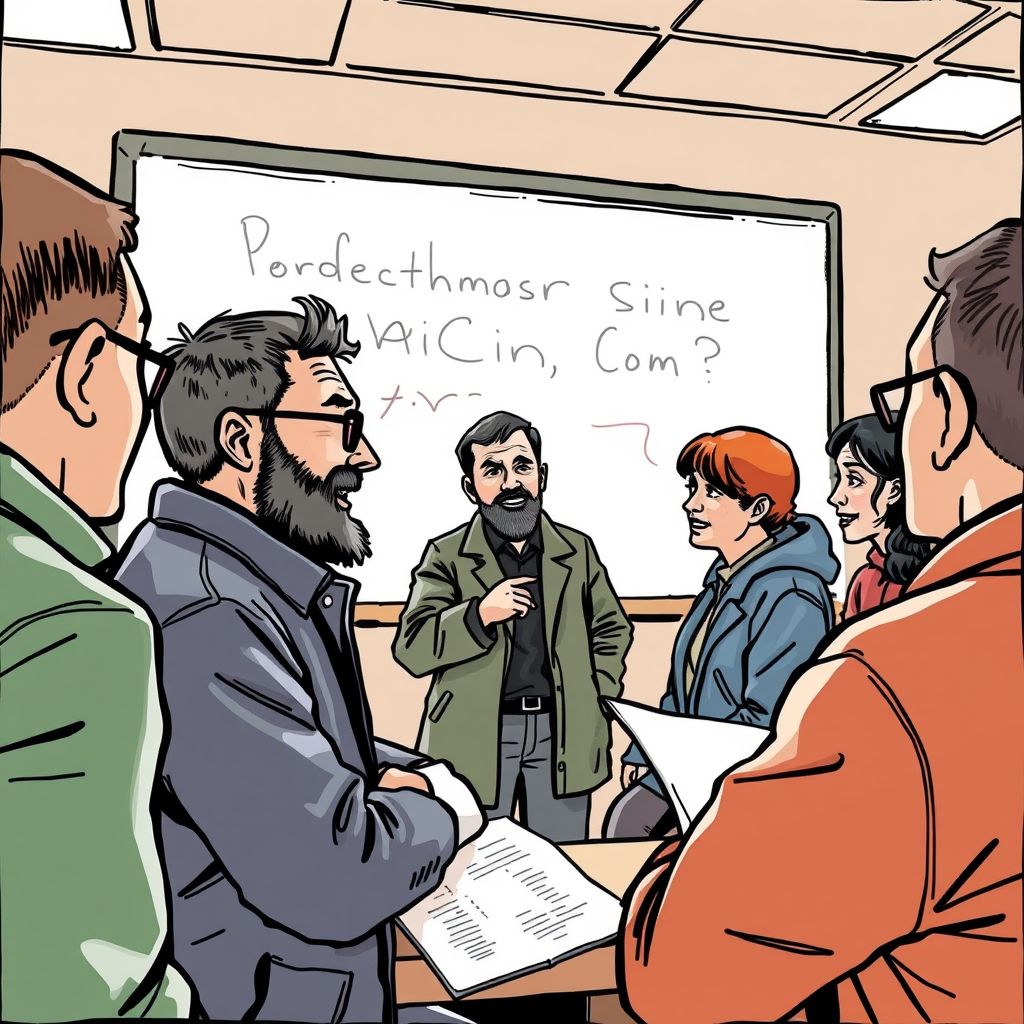 The Strugatsky-like figure asking questions in front of a group.