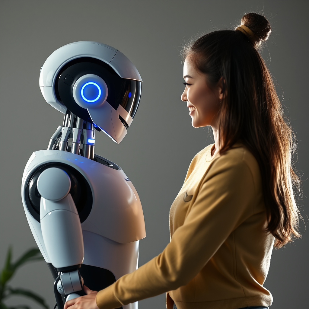 Create a real photo of a girl greeting an AI employee.