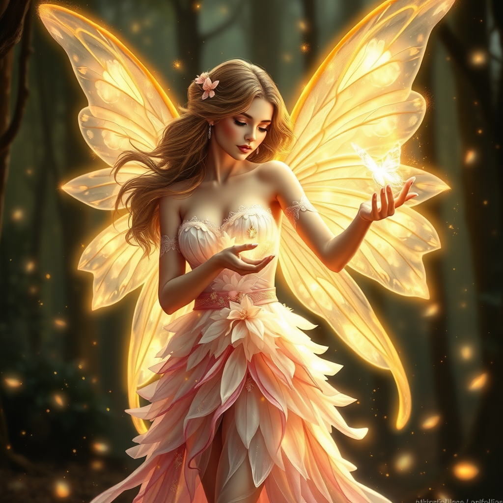 a beautiful and graceful fairy with glowing translucent wings, wearing a delicate and slightly revealing dress made of petals and light, holding a magical bank card shaped like a glowing butterfly in her hand, casting spells of prosperity and abundance, surrounded by sparkles, fantasy forest, golden light, magical atmosphere, fantasy art, highly detailed, 4k, artstation