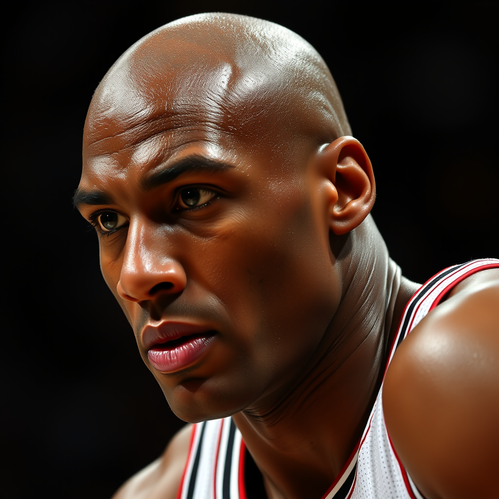 Close-up of the Jordan-like figure's focused expression during a crucial game