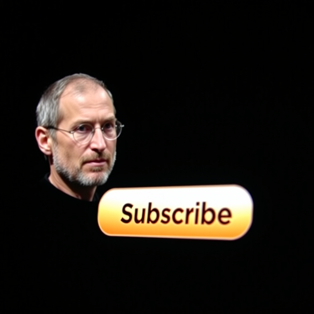 The Subscribe button is on the screen next to a man who looks like Steve Jobs.