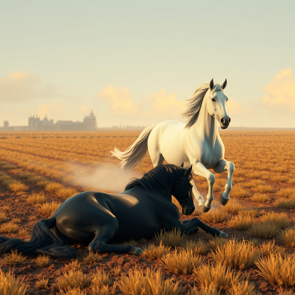 A black horse was plowing the Russian field and, very tired, lay down to catch his breath. And on the other side of the field, racing toward him, was a white horse... a drawing without captions.