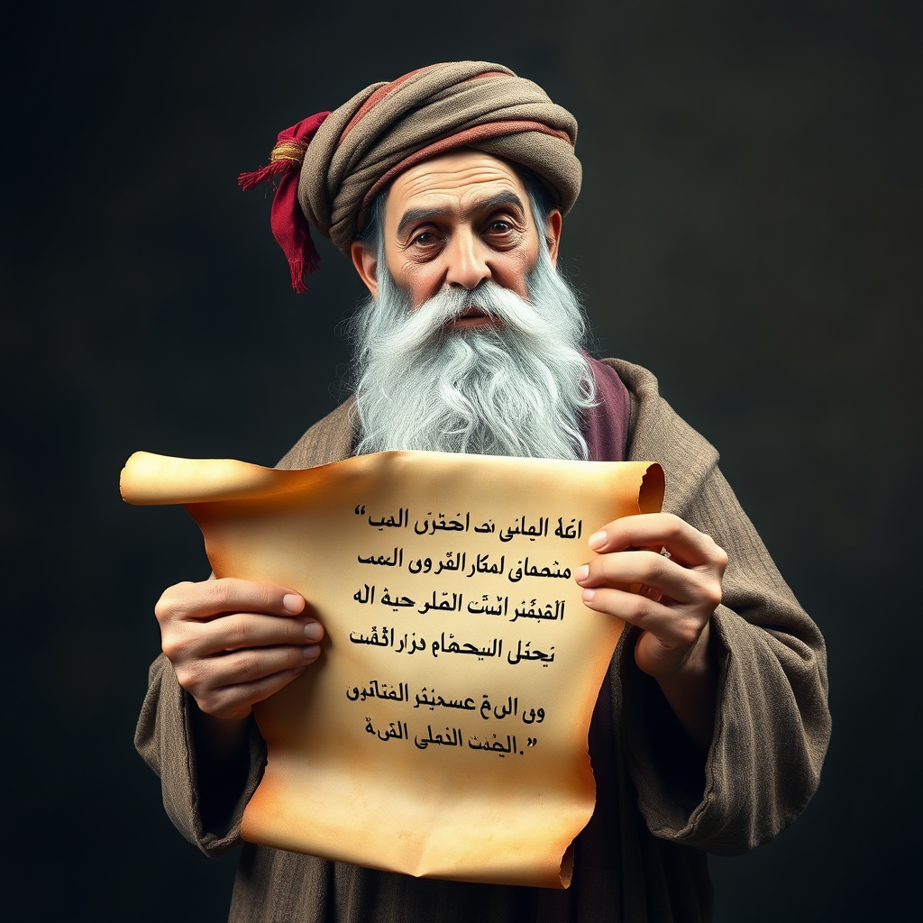 An old Arabic poet resembling Omar Khayyam holding a scroll with the quote.