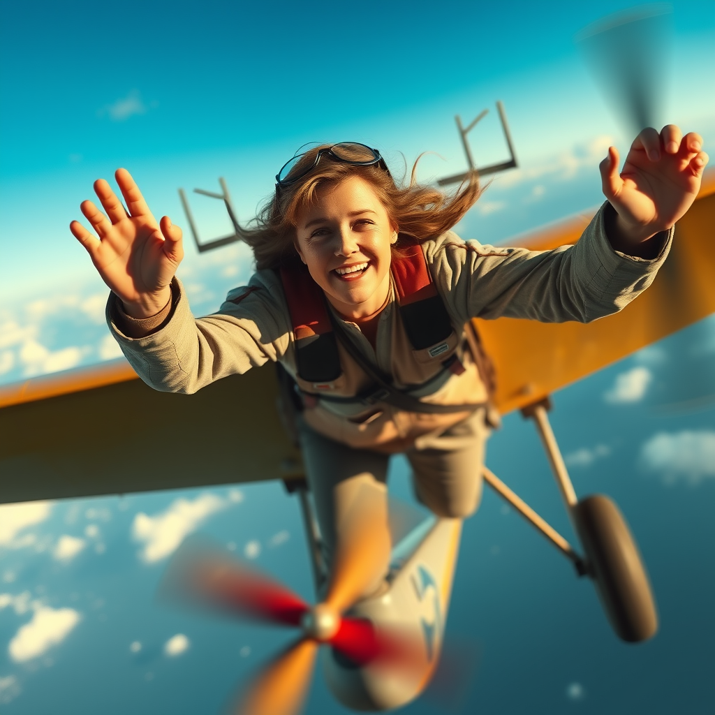 A montage of the Earhart-like figure overcoming obstacles during a flight.
