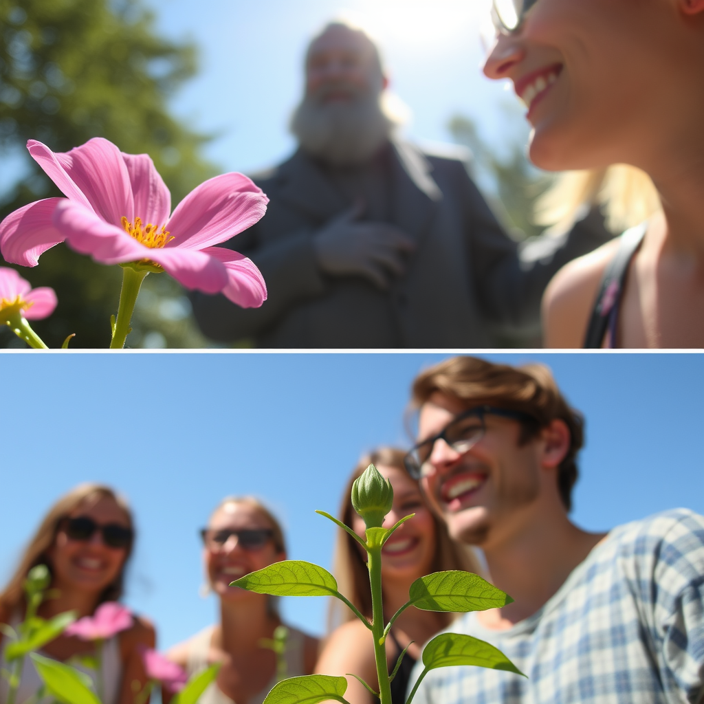 Close-ups of simple pleasures: a blooming flower, a sunny day, friends laughing, with a Dostoevsky-like figure in the background.