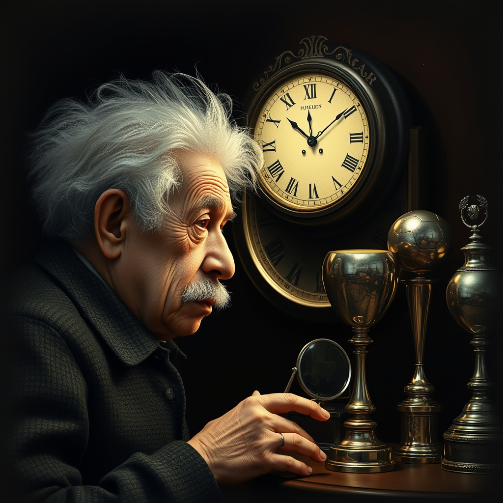 The Einstein-like figure looking at a clock next to fading trophies.