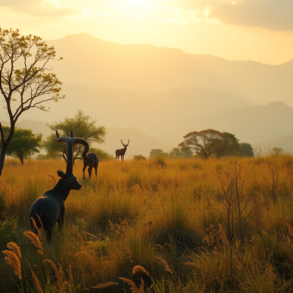 A wide nature sonery with wild life, at the golden hour