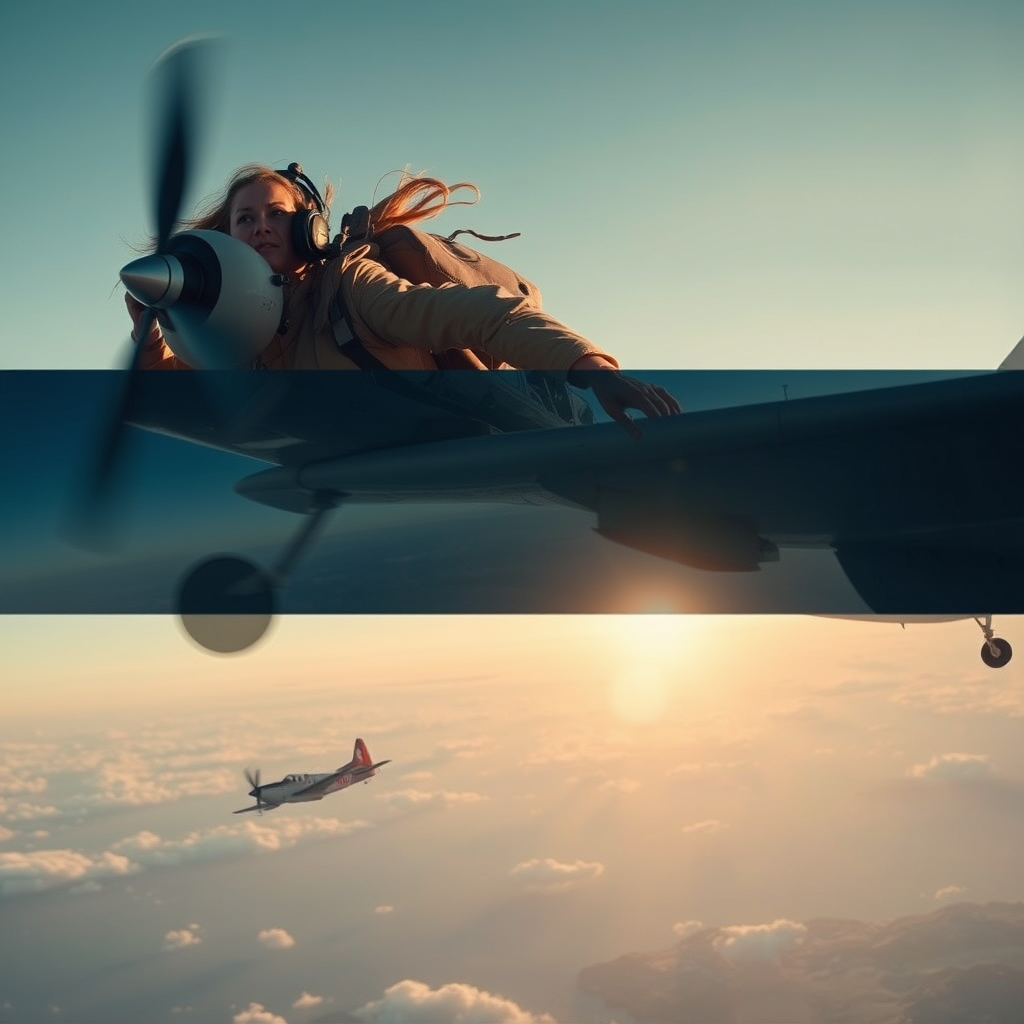 A montage of the Earhart-like figure overcoming obstacles during a flight.