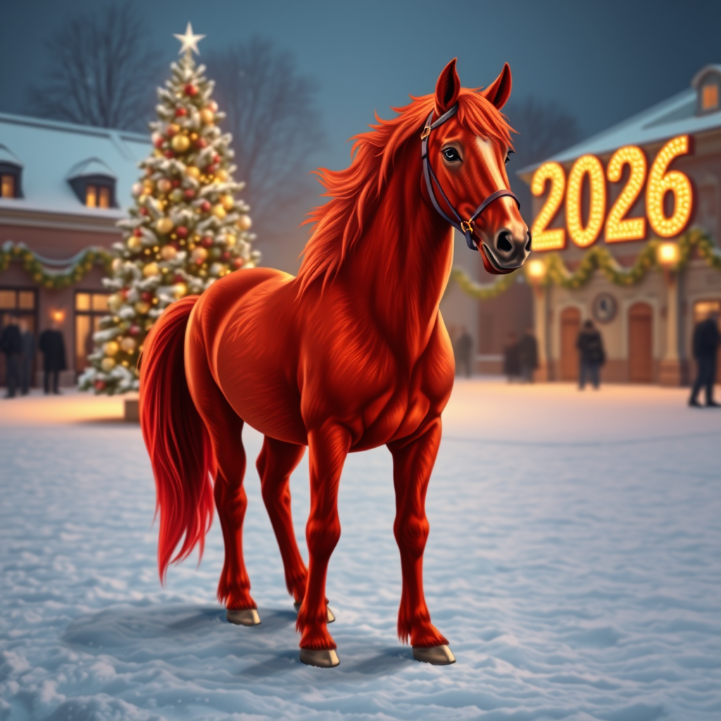 Draw a photorealistic New Year's picture with a single decorated tree and garlands. The numbers 2026 are written exactly in the upper right corner. In the foreground is a fiery red horse with four legs, one head, one tail, and no bridle or saddle. The horse's mane and tail are long and fluffy, a fiery red. Keep in mind that the action takes place in the evening on a snowy square.