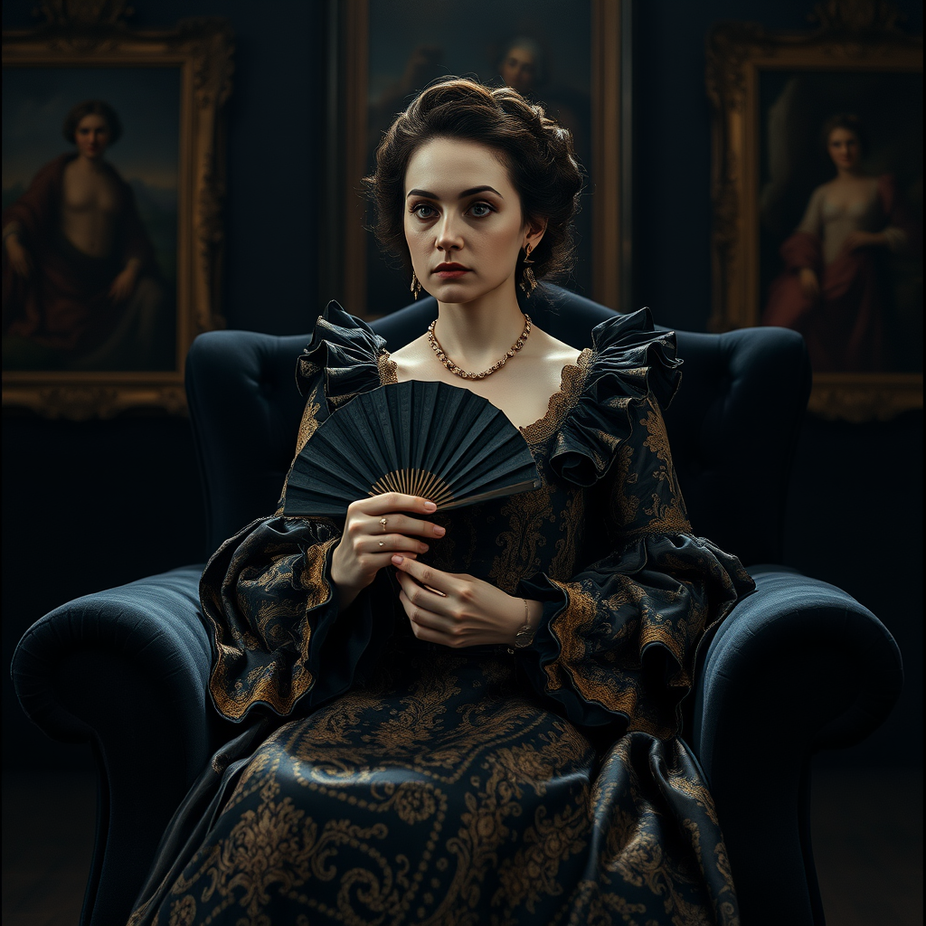 Preserve identity. Majestic, cinematic portrait in the dramatic style of the Baroque era. Pose: sitting regally on a dark velvet armchair, hands holding a small ornate fan, thoughtful look. Outfit: lavish black and gold brocade gown with ruffles and elaborate embroidery. Dark moody studio background with blurry ancient paintings. Intense high-contrast Caravaggio-style lighting, dramatic shadows (chiaroscuro). Noticeable film grain, Leica M10.