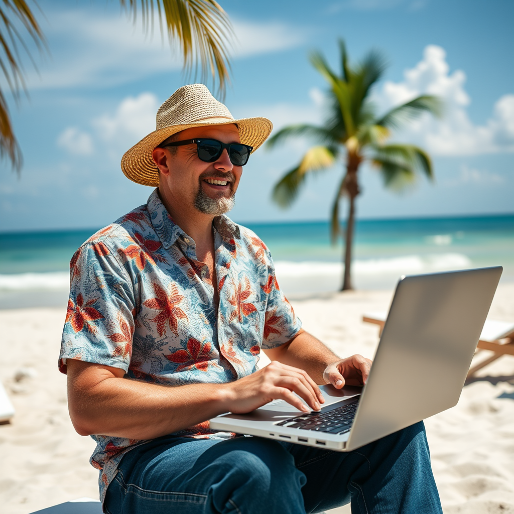 Happy Russian man in a shirt on vacation sidis with a laptop turned on. Theme: earning money on the Internet Happy Russian man in a shirt on vacation sidis with a laptop turned on. Theme: earning money on the Internet