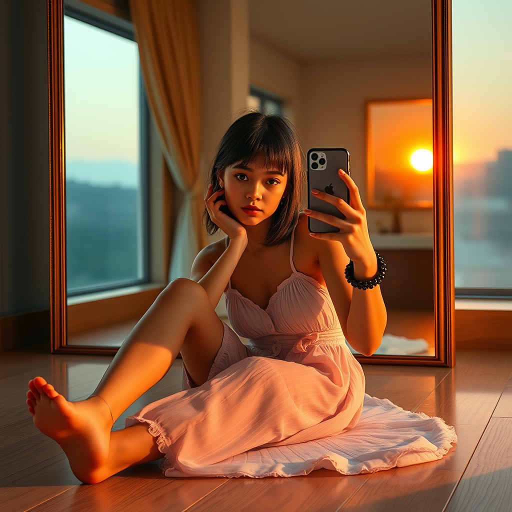 Use uploaded photo as reference. Do not alter facial features. Create a hyper-realistic photo of a young girl sitting elegantly on the floor in front of a large trendy mirror during soft afternoon golden hour. Her left hand gently touches her cheek while her right hand holds an iPhone 17 Pro Max, taking a mirror selfie. The warm sunset light streams in from the window, casting an ethereal glow across the scene.