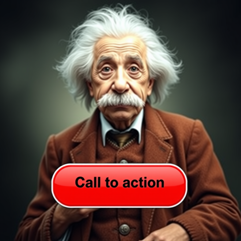 A call-to-action button appearing on the screen near the Einstein-like figure.