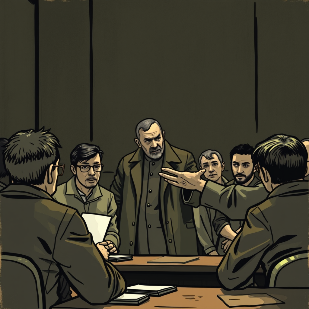 The Strugatsky-like figure asking questions in front of a group.