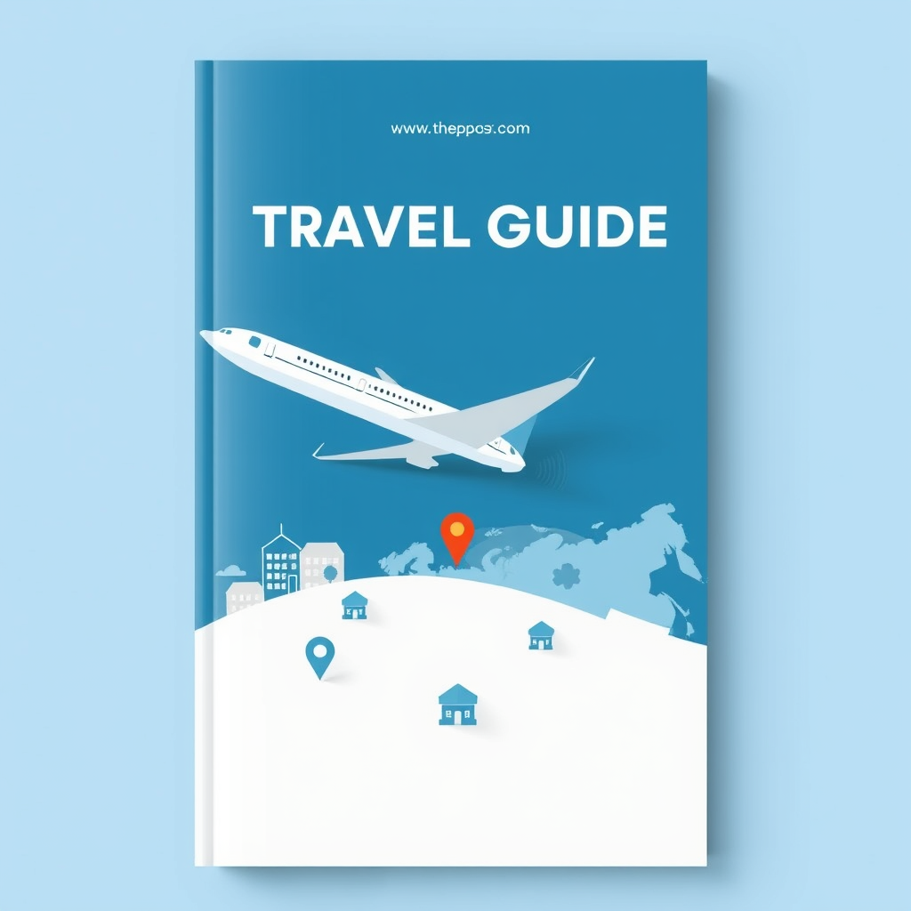 Modern travel guide PDF cover, clean and professional design.
Blue and white color palette, minimalistic style.
Airplane flying over a map, hotel icon, navigation symbols.
Subtle reference to Russia (map outline or small accent).
No people, no text, no logos.
Flat design, high quality, professional travel brochure style.
Vertical A4 format.