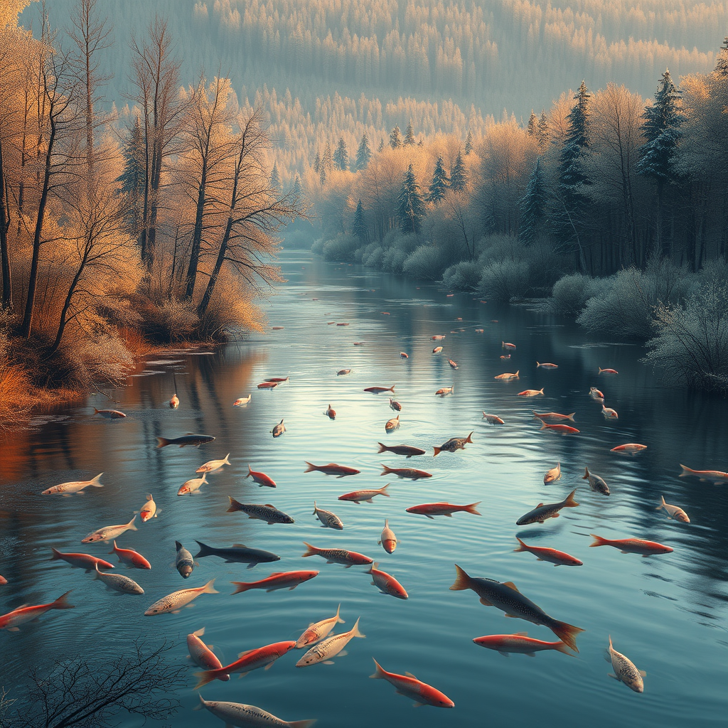 In Siberia there is a wide river with a lot of fish swimming in it.